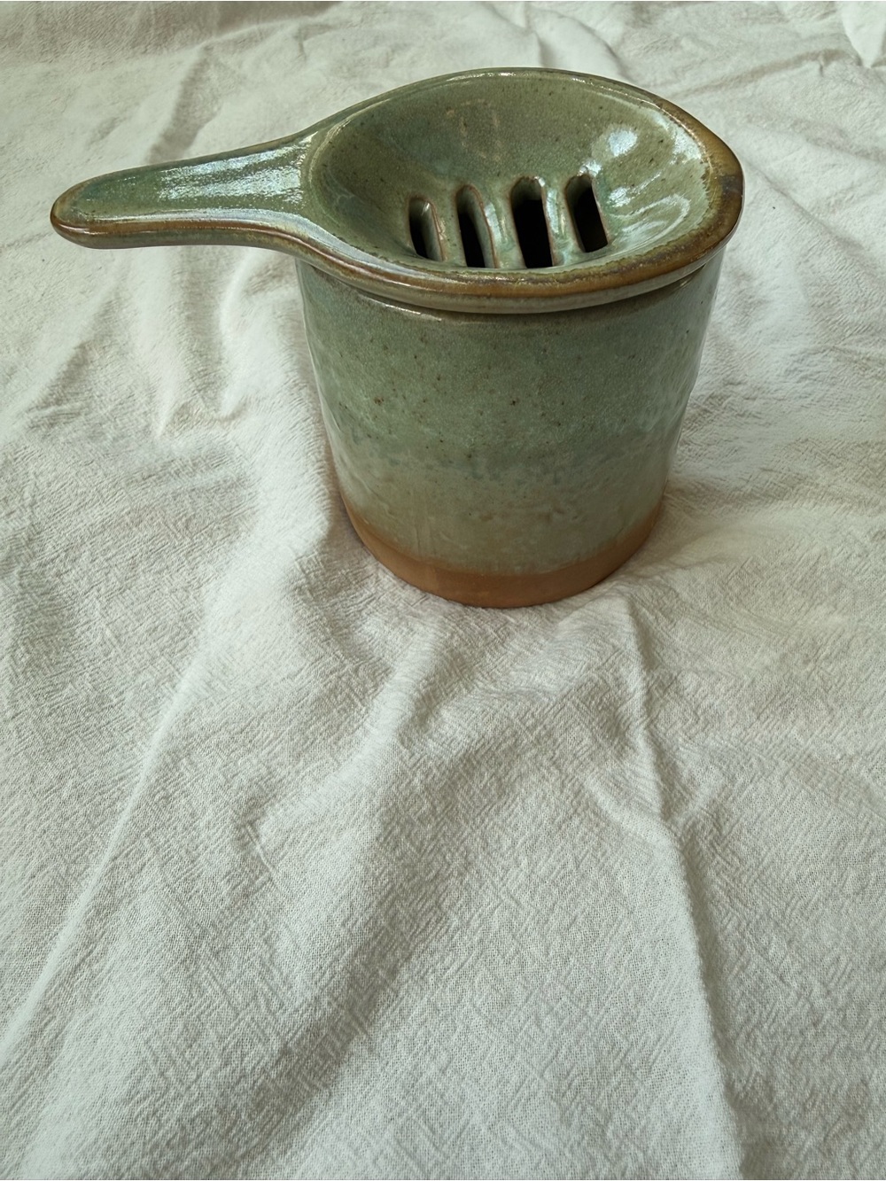 Handmade Stoneware Tea Cup and Strainer Set, Sage Green Celadon Glaze Artisan